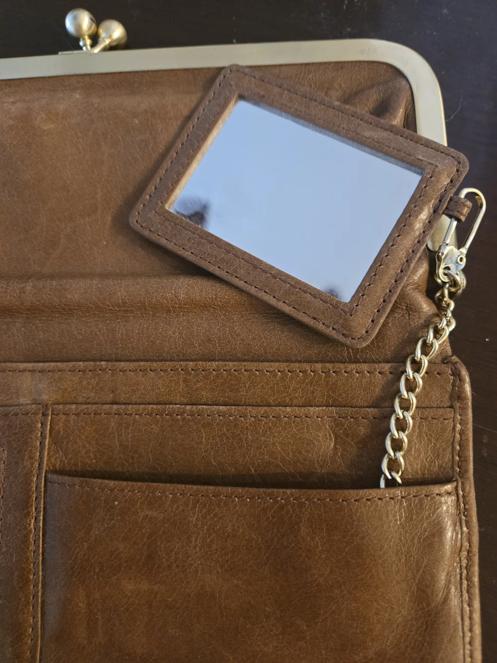 HOBO Brown Leather Kiss-Lock Clutch with Gold Hardware
